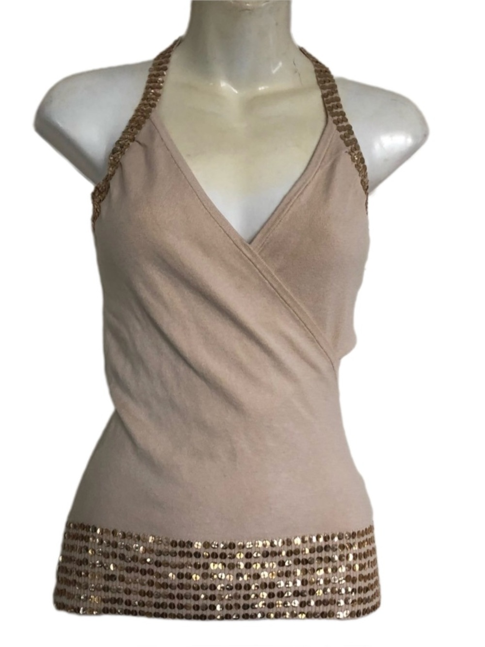 Y2K bebe Nude Halter Camisole with Gold Sequin Trim